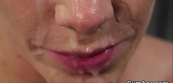  Spicy model gets cumshot on her face gulping all the jizz
